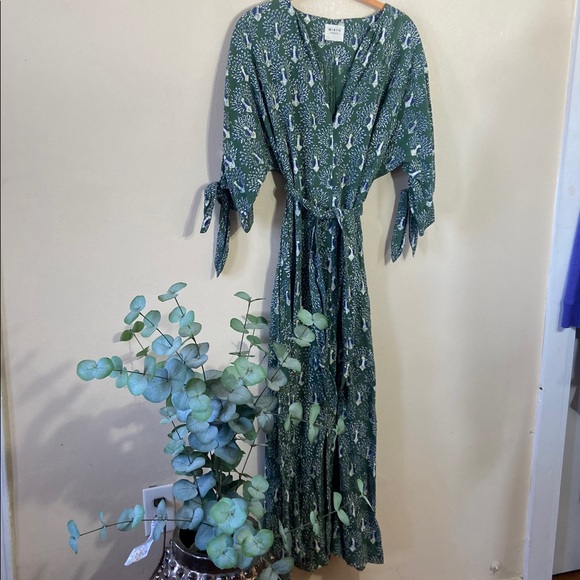 Mirth Handmade Cotton Peacock Print Midi Dress Tie Sleeve Belted Large Boho - Picture 2 of 7